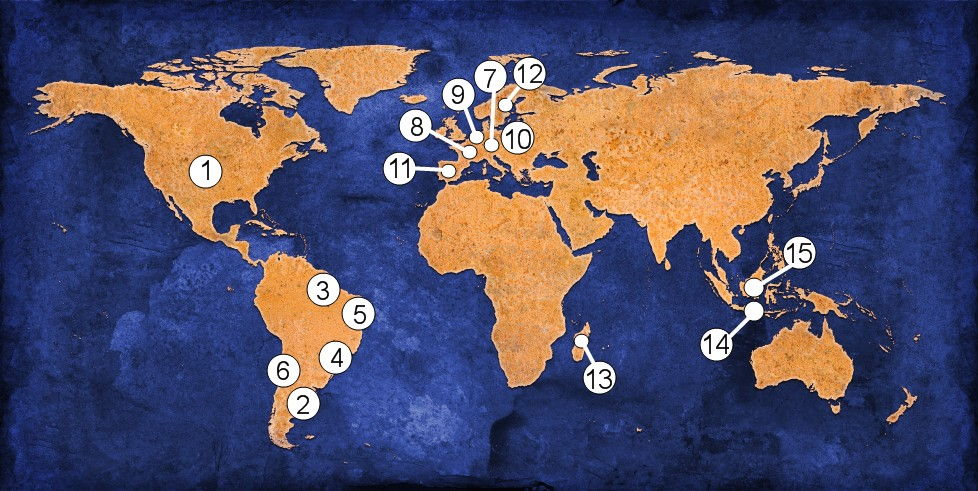 This world map shows where the 15 provinces of the Missionaries of the Holy Family are located.