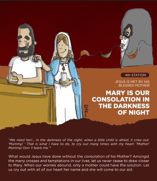 Fourth Station of the Cross In the Stations of the Cross devotion, the Fourth Station is the meeting of Jesus and His Mother on the Way of the Cross to the crucifixion.